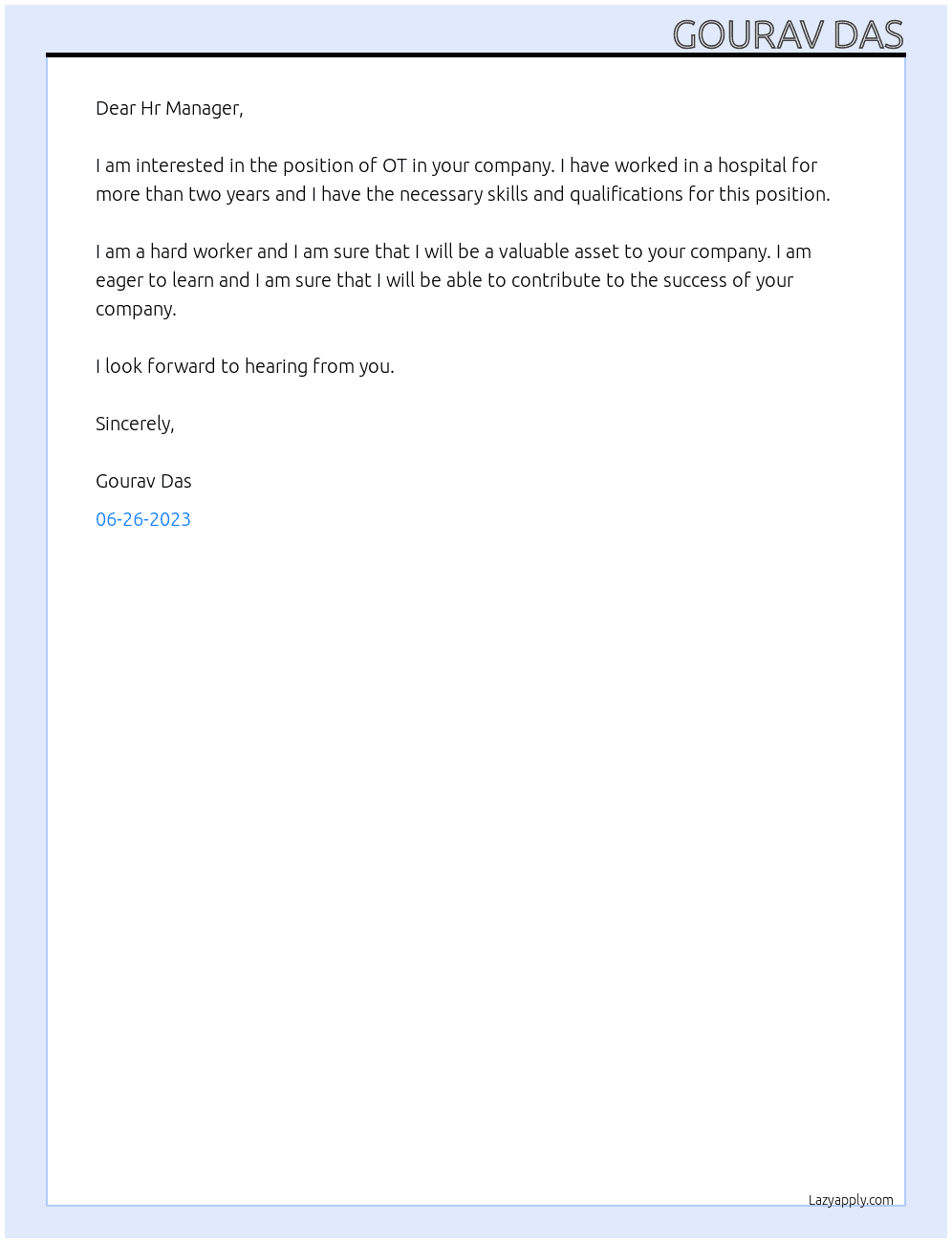 OT  At Disha eye Hospital Cover Letter