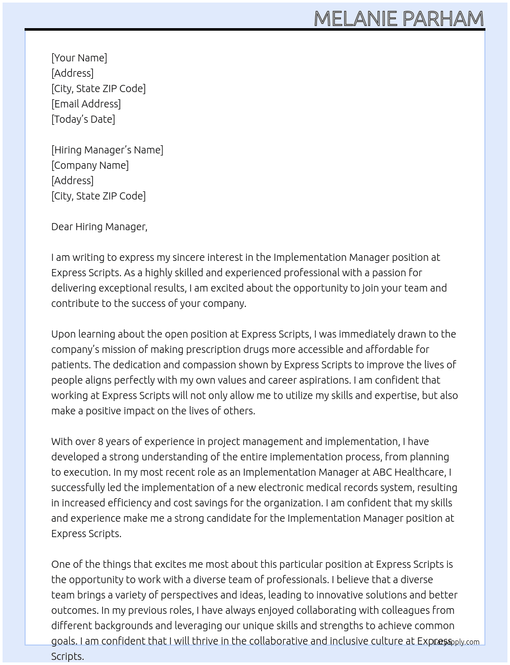 Implementation Manager At Express Scripts Cover Letter