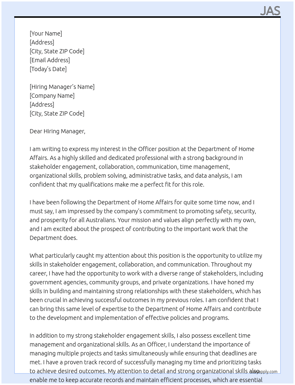 Officer At Department of Home Affairs  Cover Letter