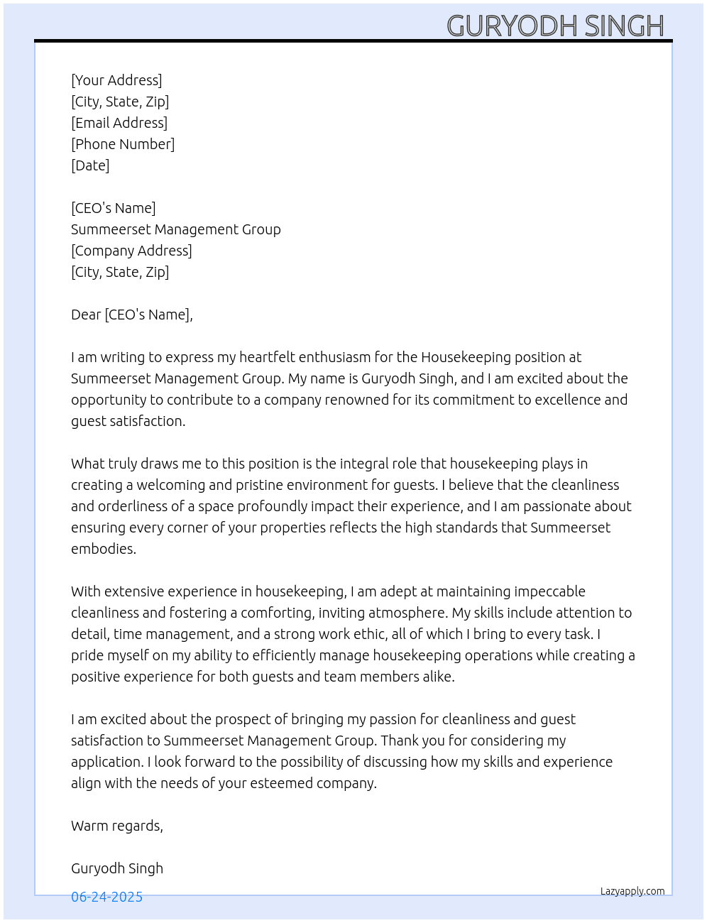 Housekeeping  At Summeerset mangimemint.group Cover Letter