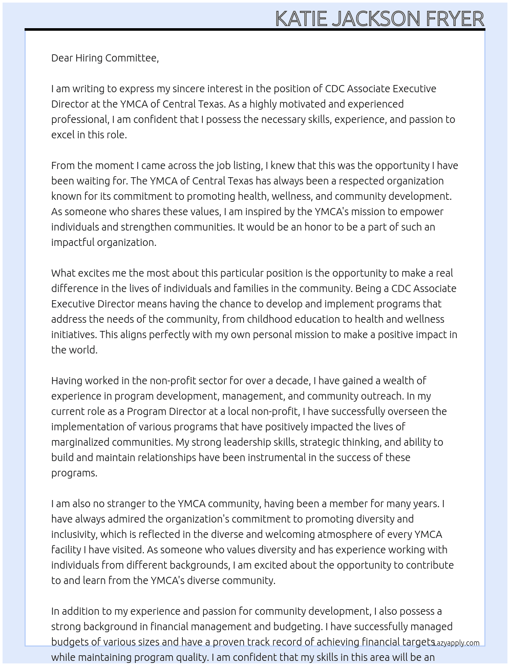 CDC Associate Executive Director  At YMCA of Central Texas Cover Letter