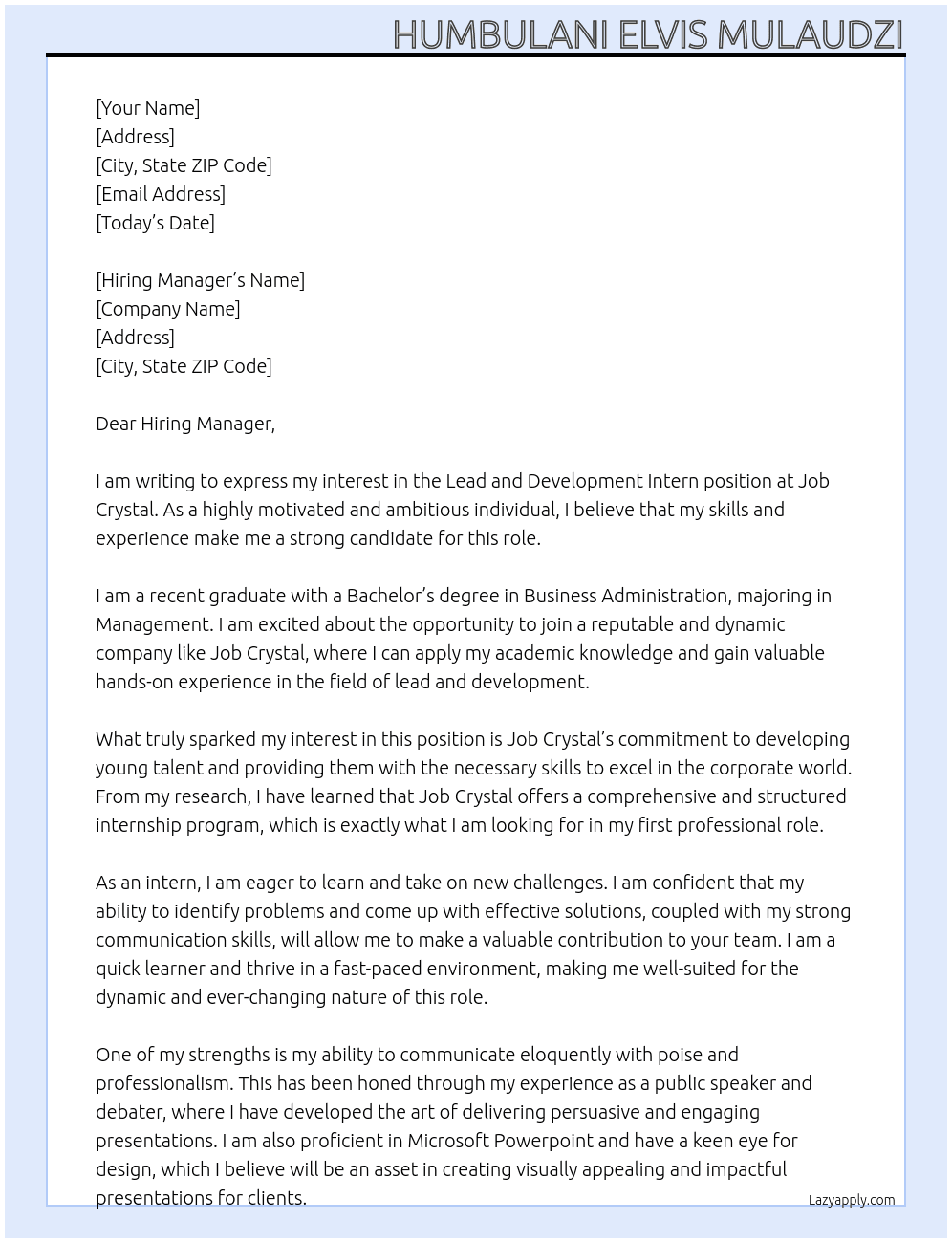 Lead and development intern At Job crystal Cover Letter