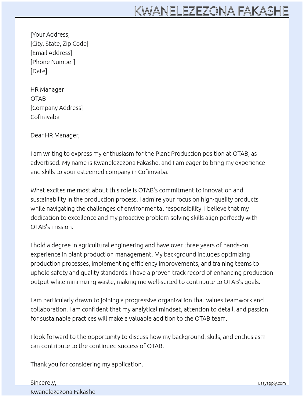 Plant production  At OTAB Cover Letter