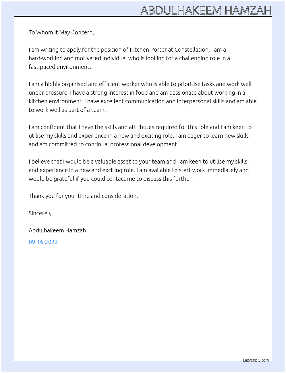 Kitchen Porter At Constellation Cover Letter