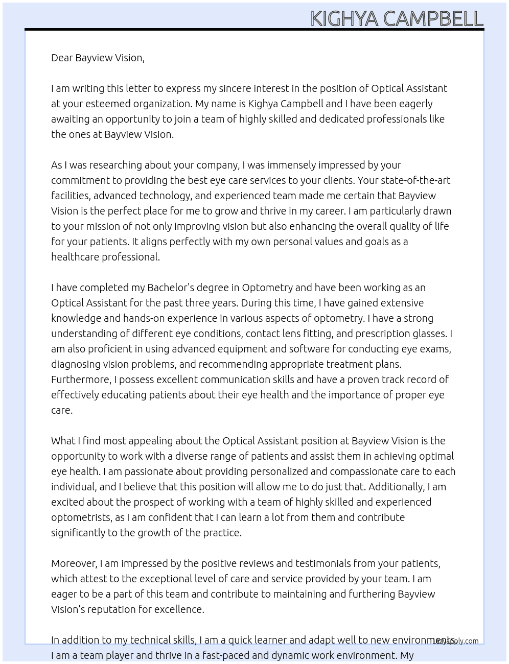 Optical assistant At Bayview Vision Cover Letter