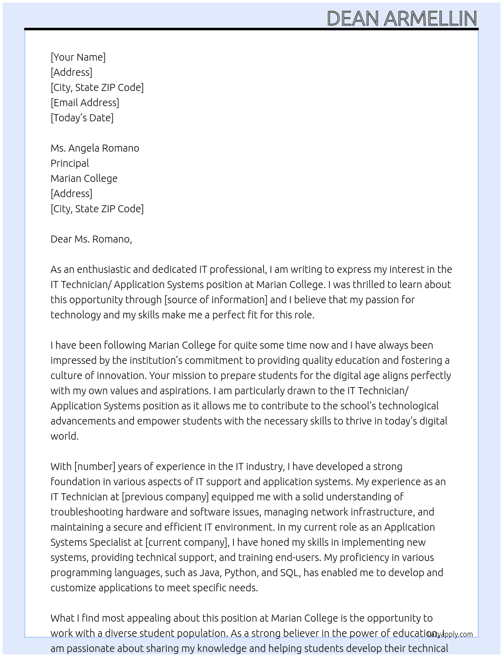 IT Technician/ Application Systems At Marian College Cover Letter