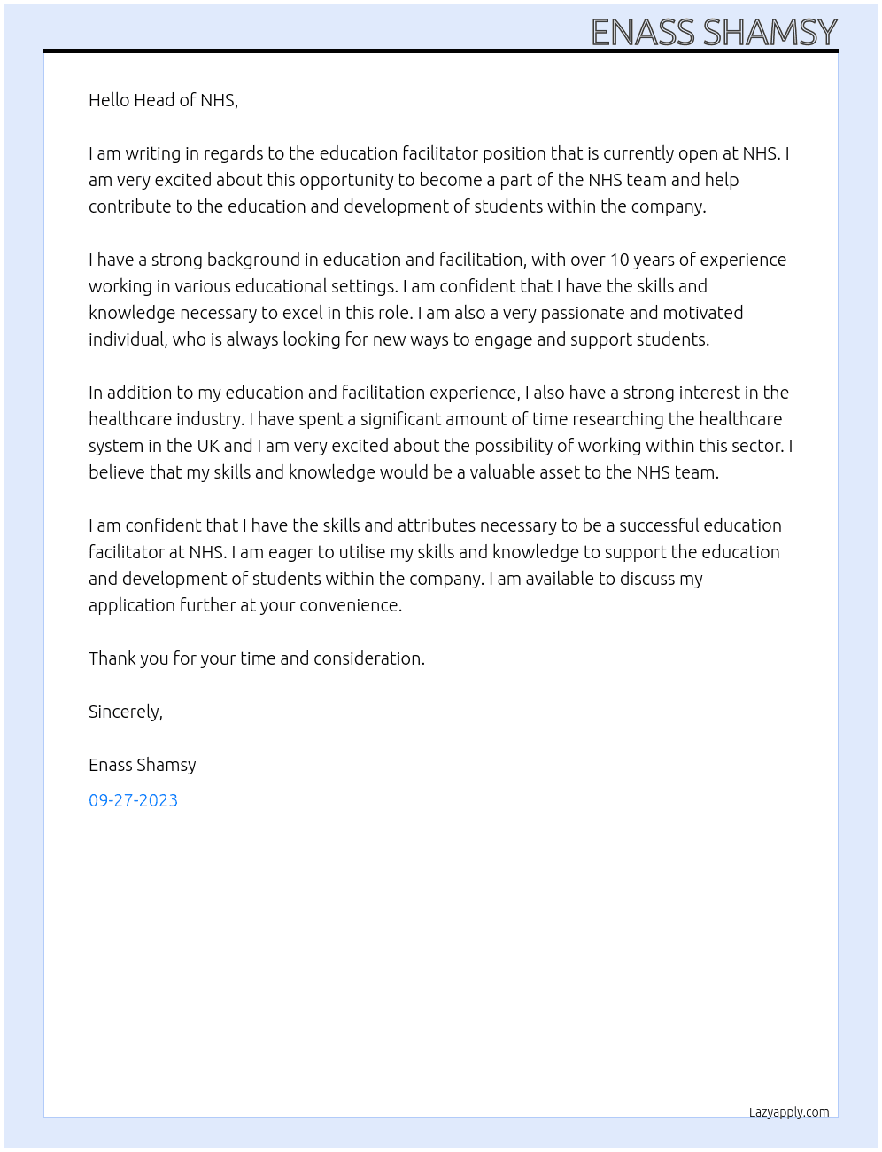 education facilitator At NHS Cover Letter