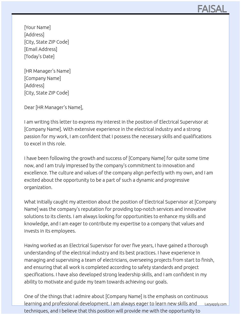 Electrcial supervisor  At IMI Cover Letter