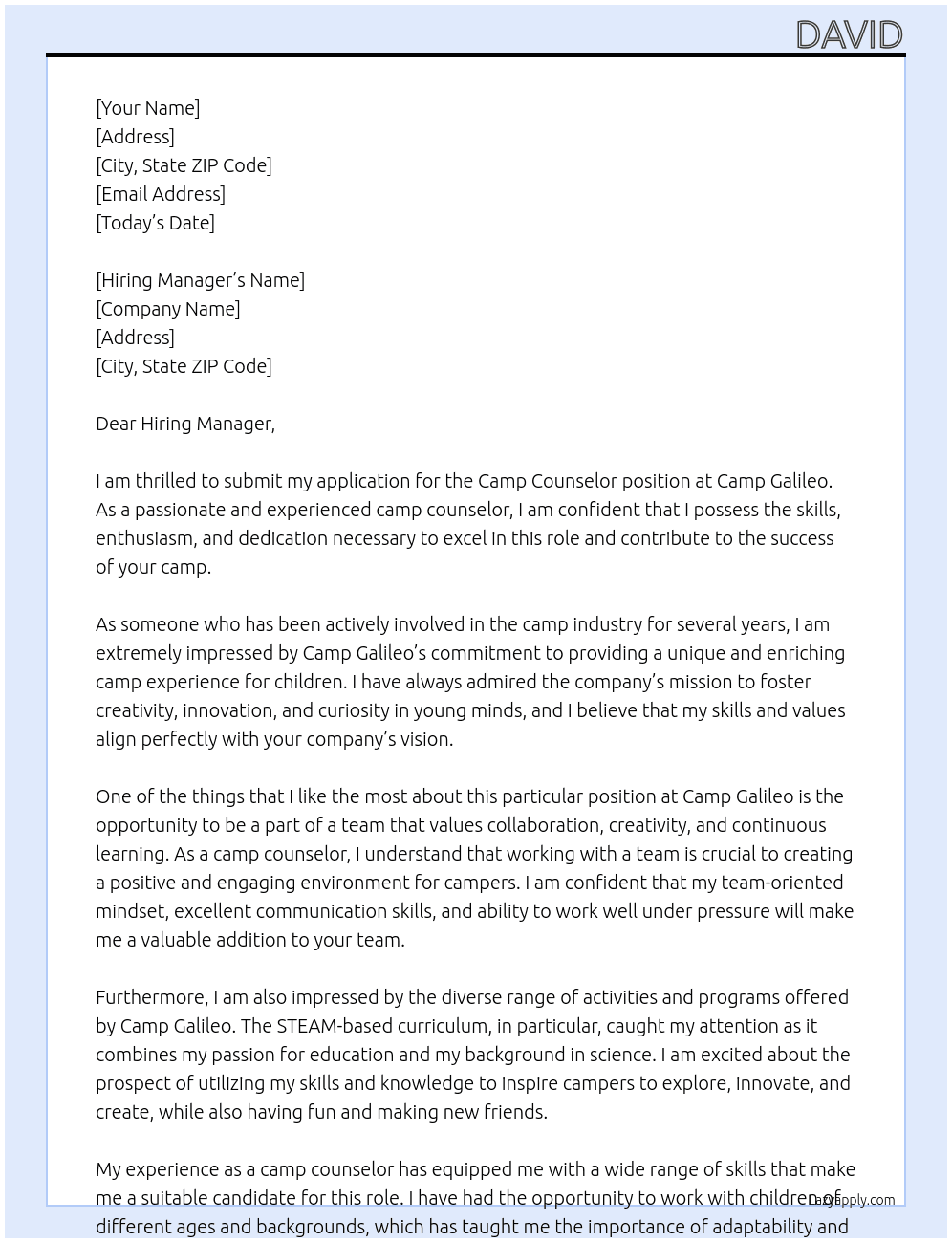 camp counselor At Camp Galileo Cover Letter