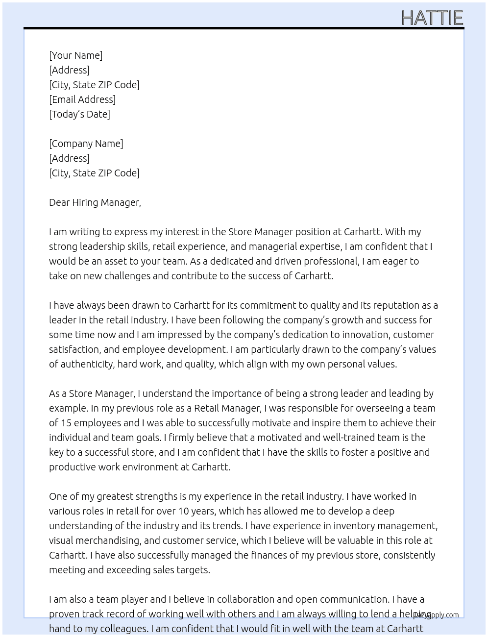 Store manager  At Carhartt Cover Letter