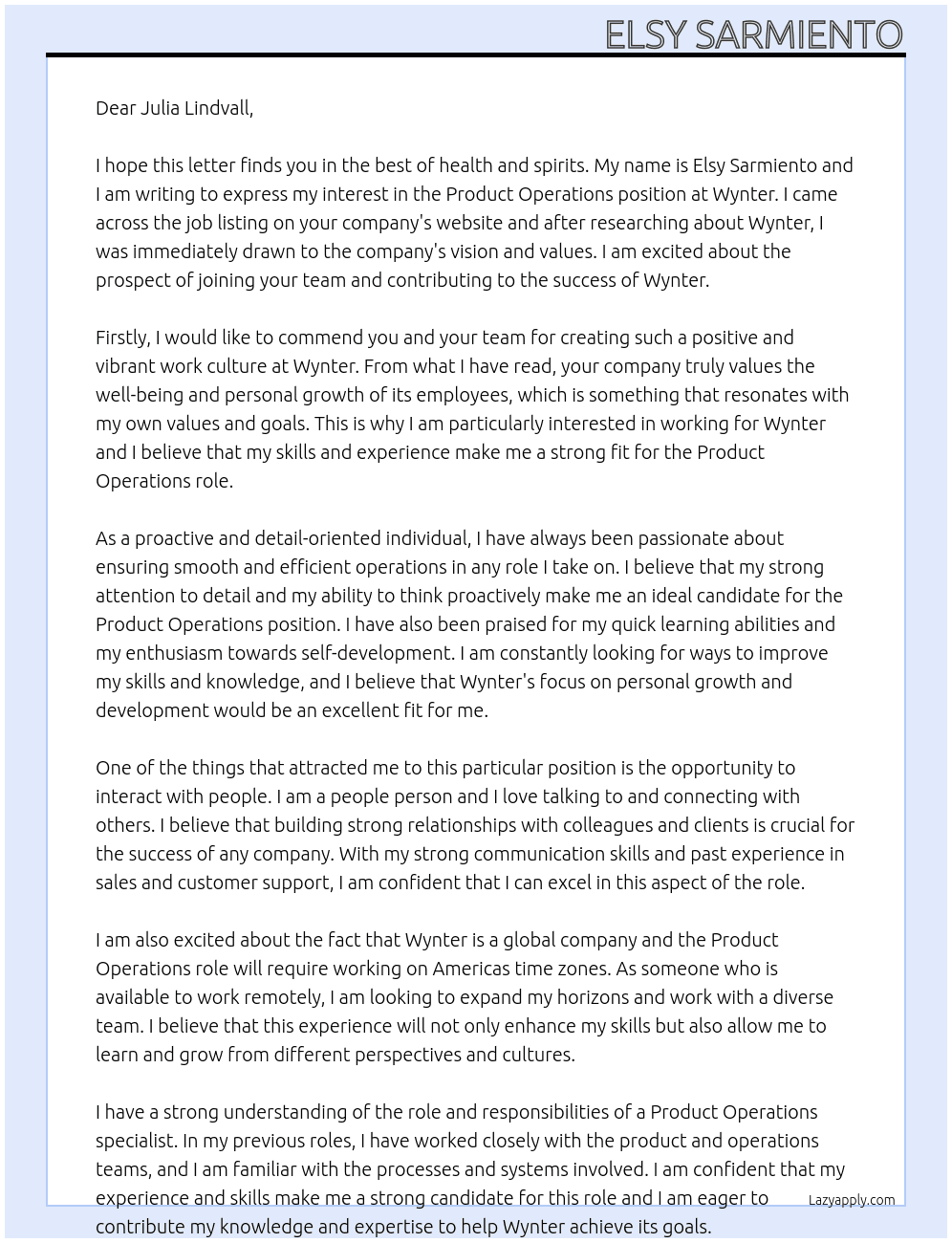 Product Operations  At Wynter Cover Letter