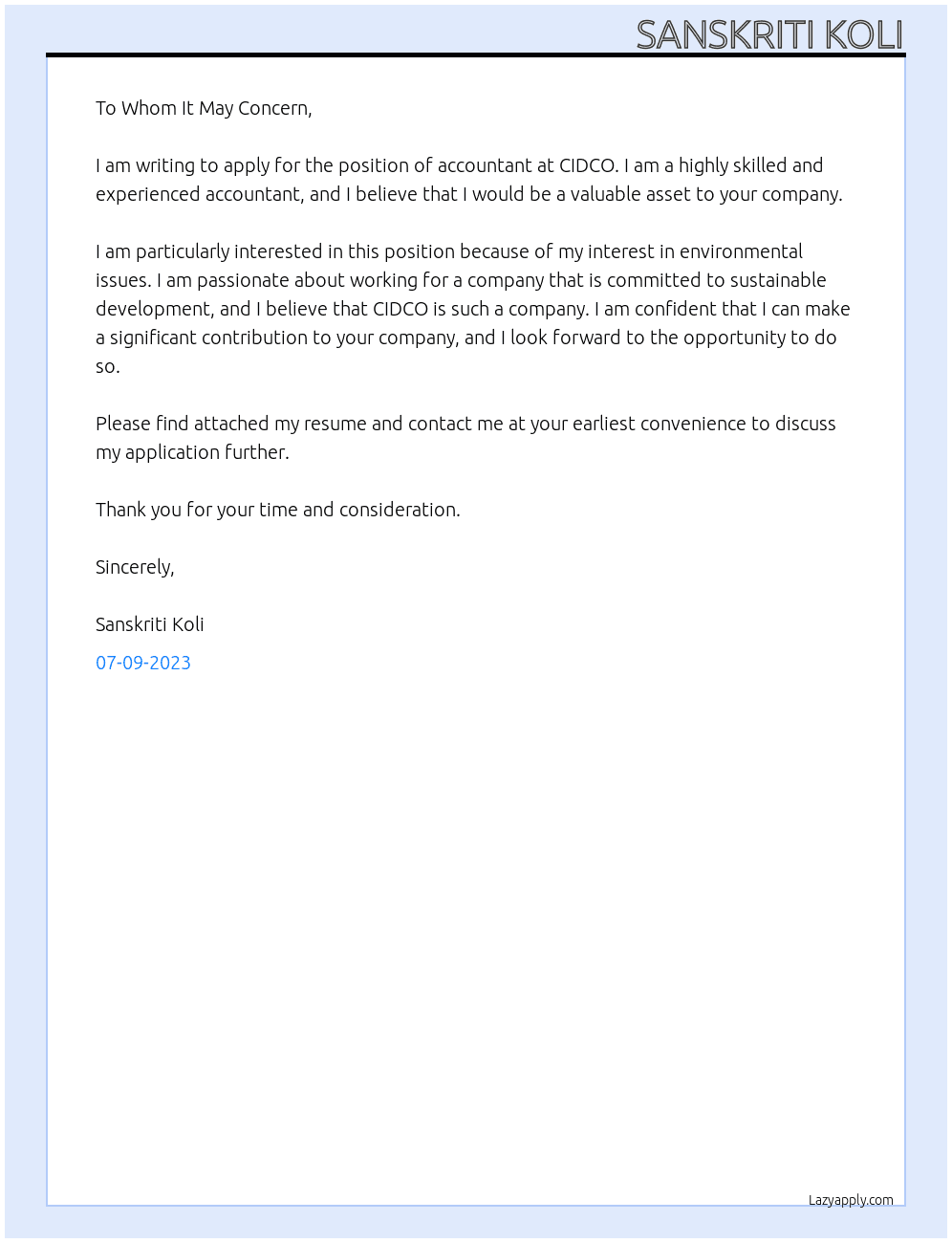 accountant At CIDCO Cover Letter
