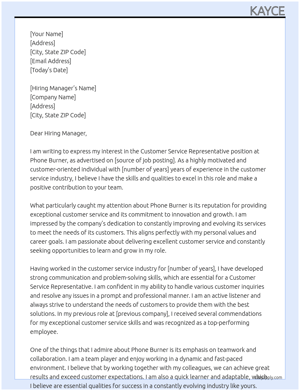 Customer Service Rep At Phone Burner Cover Letter