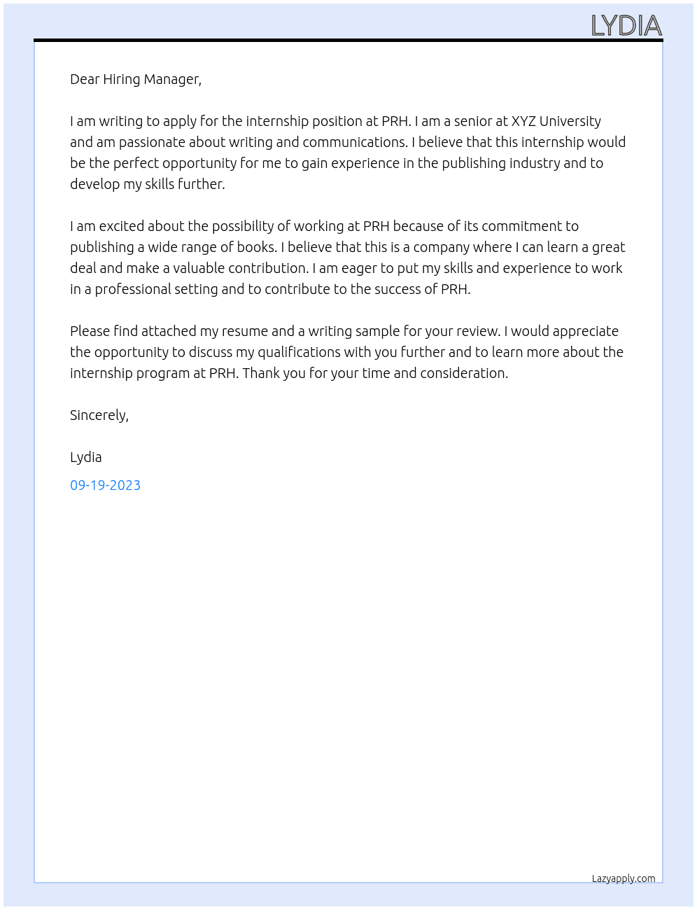 Internship At PRH Cover Letter