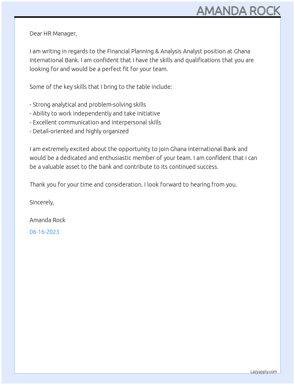 Financial Planning & Analysis Analyst At Ghana International Bank Cover Letter