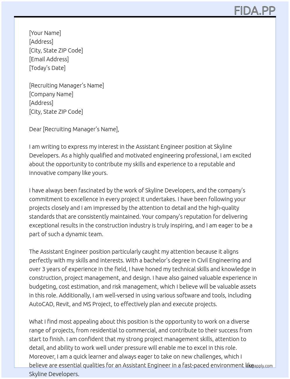 Assistant engineer At Skyline developers Cover Letter