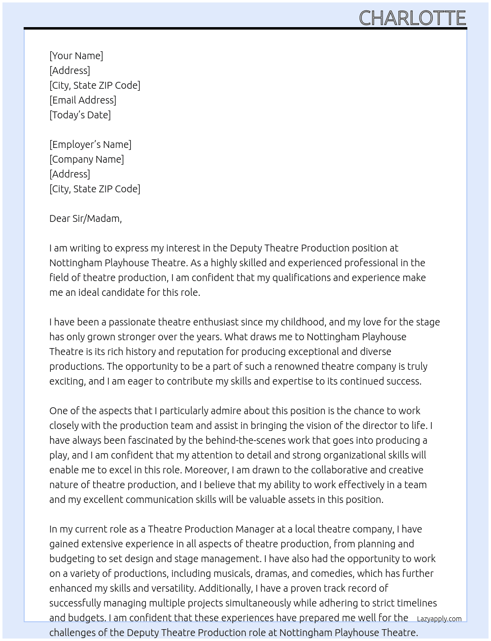 Deputy Theatre Production At Nottingham playhouse theatre Cover Letter