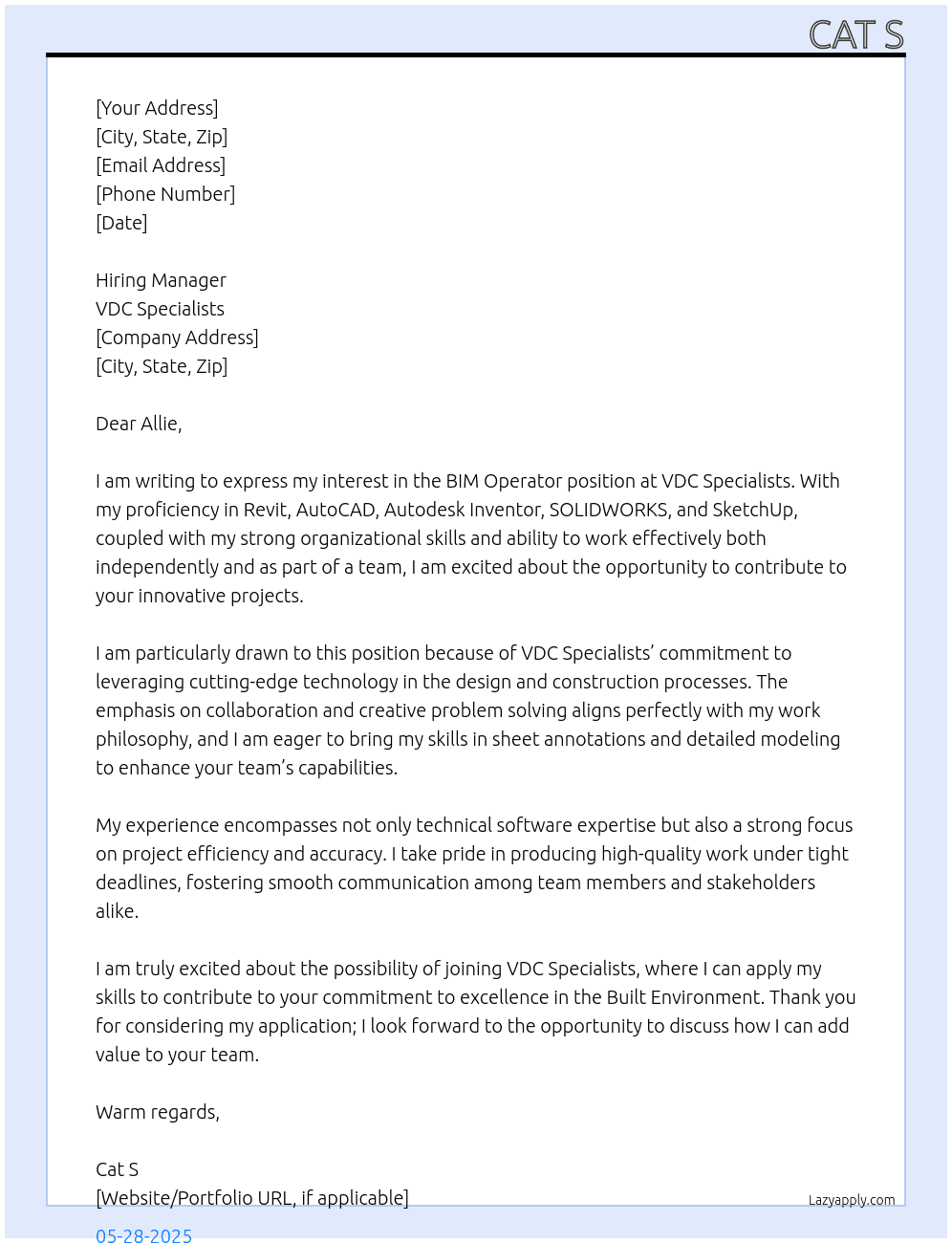 BIM Operator At VDC Specialists Cover Letter