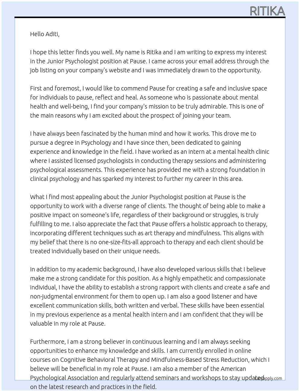 Junior psychologist At Pause Cover Letter
