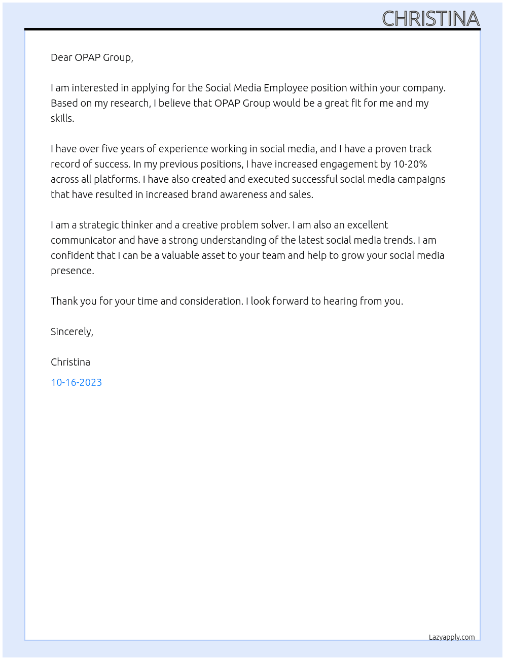 Social Media Employee  At OPAP Cover Letter