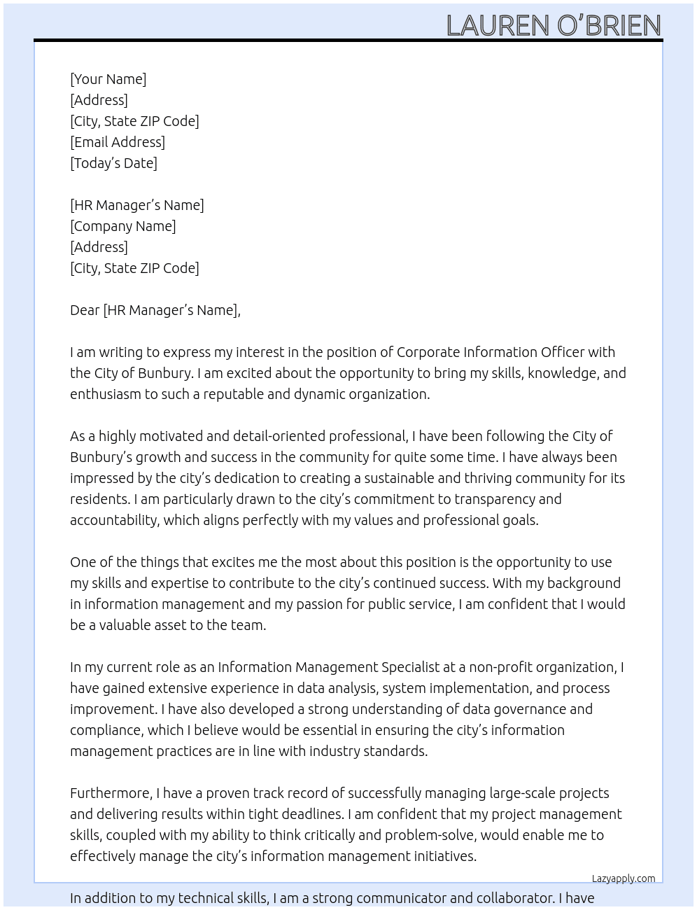 Corporate Information Officer At City of Bunbury Cover Letter