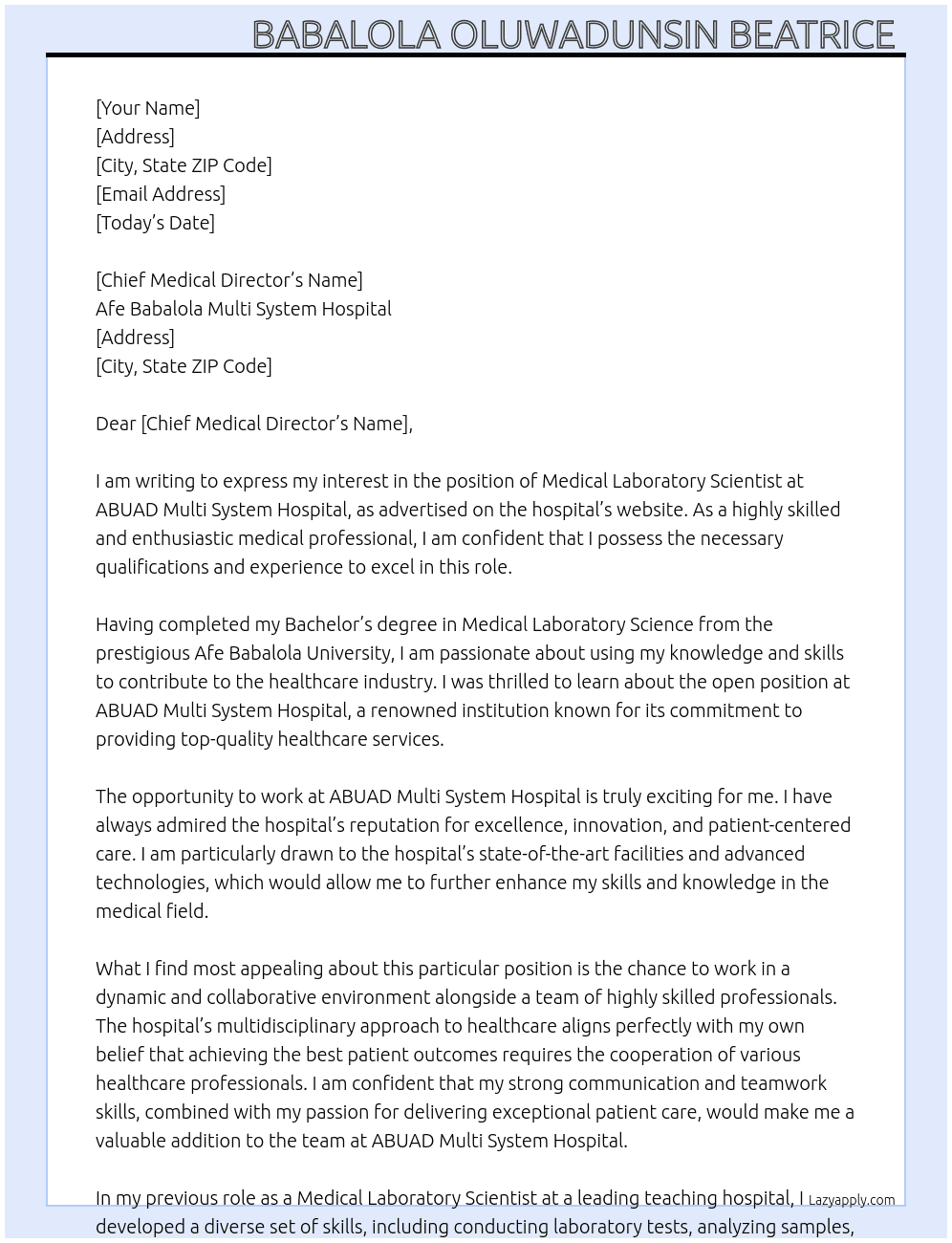 Medical Laboratory scientist  At ABUAD MULTI SYSTEM HOSPITAL  Cover Letter