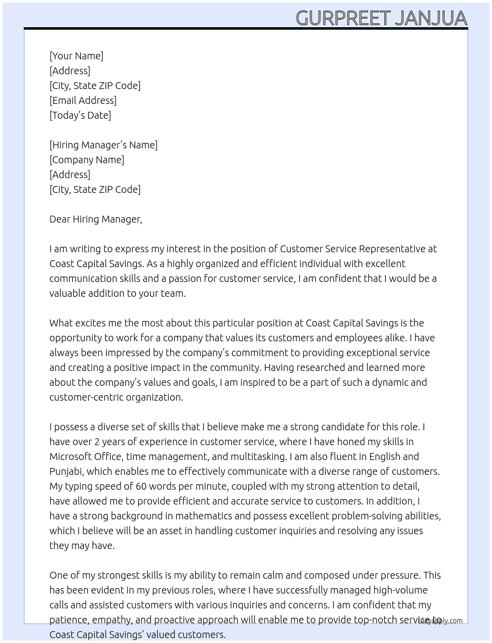 Customer Service Representative  At Coast Capital Savings  Cover Letter