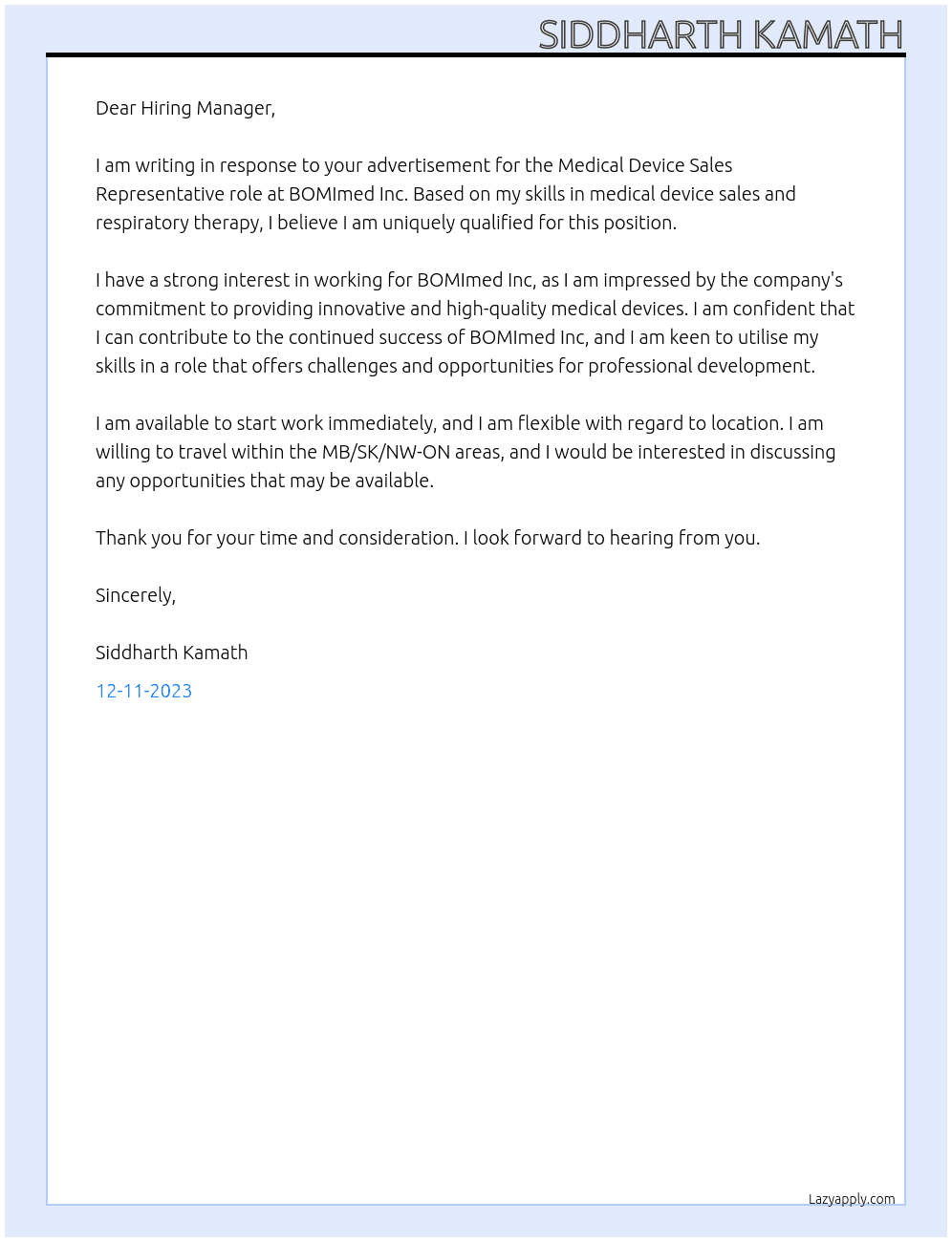 Medical Device Sales Representative At BOMImed Inc Cover Letter