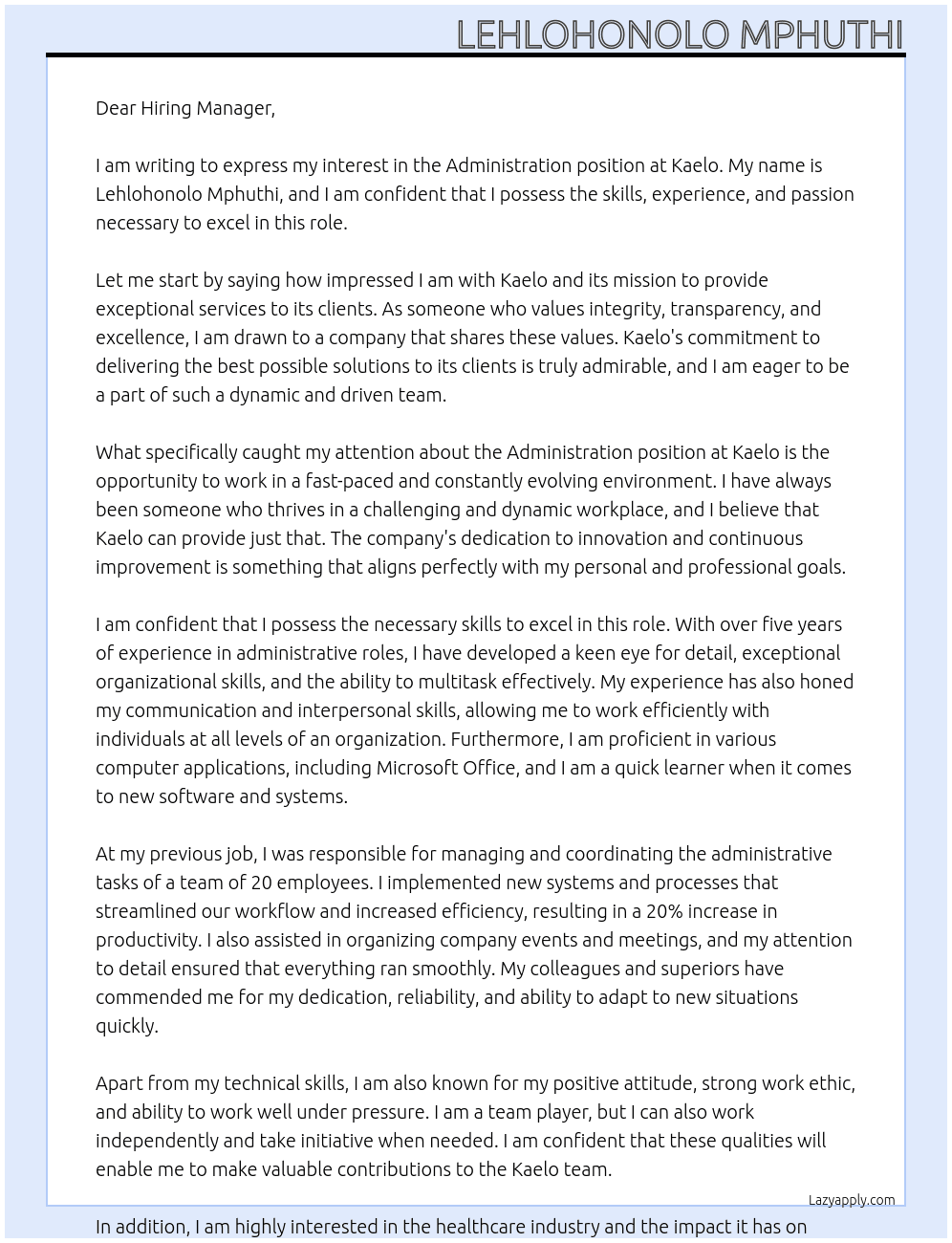Administration  At Kaelo Cover Letter