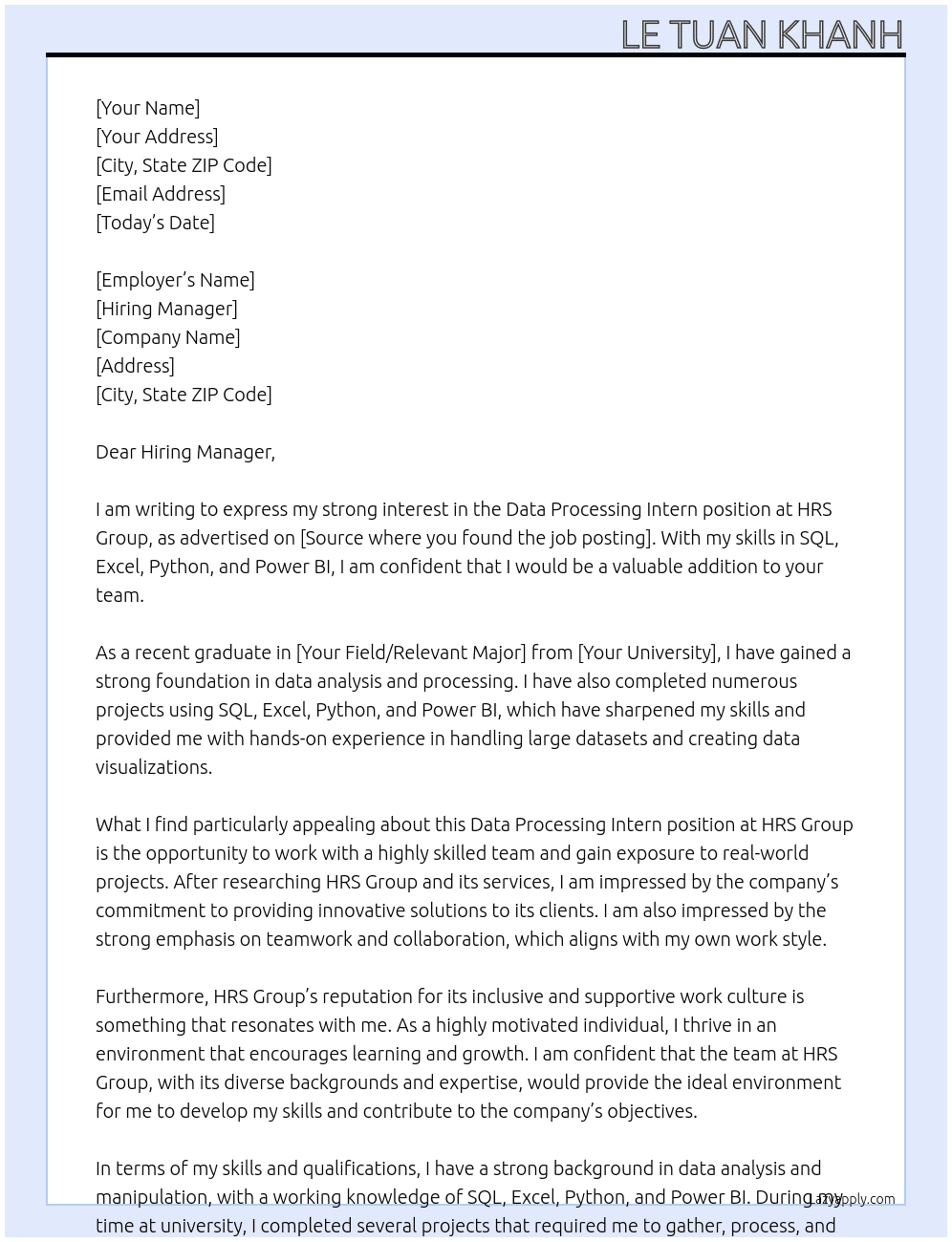 Data Processing Intern At HRS Group Cover Letter