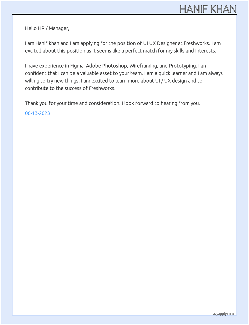 UI UX Designer At Freshworks Cover Letter