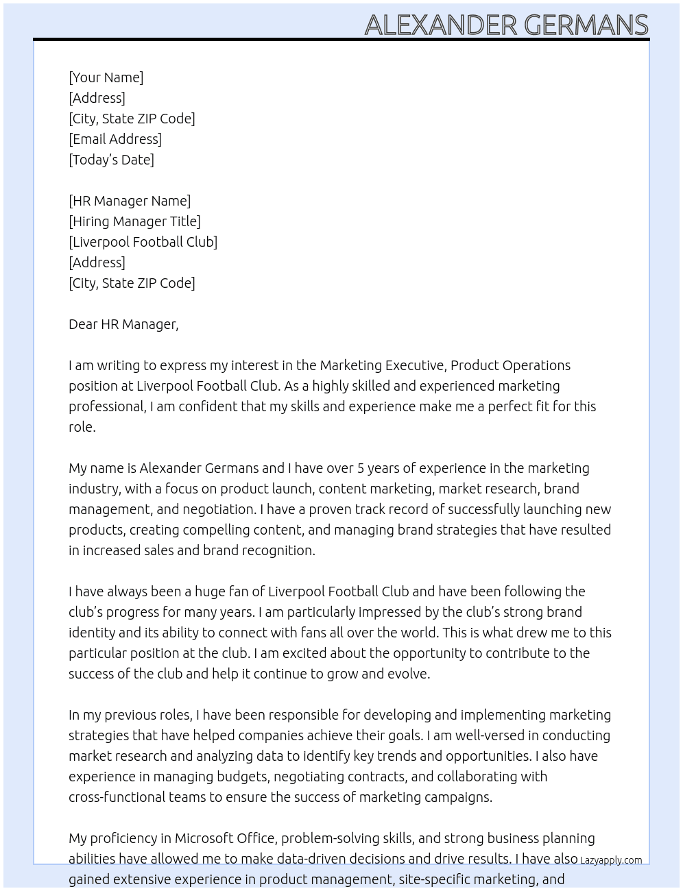 Marketing Exective, Product Operations At Liverpool Football Club Cover Letter