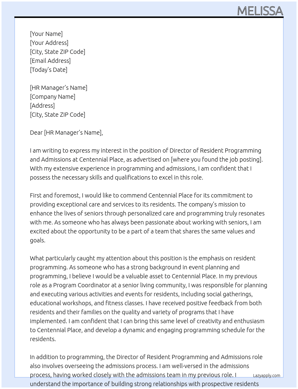 Director of Resident Programming and Admissions At Centennial Place Cover Letter