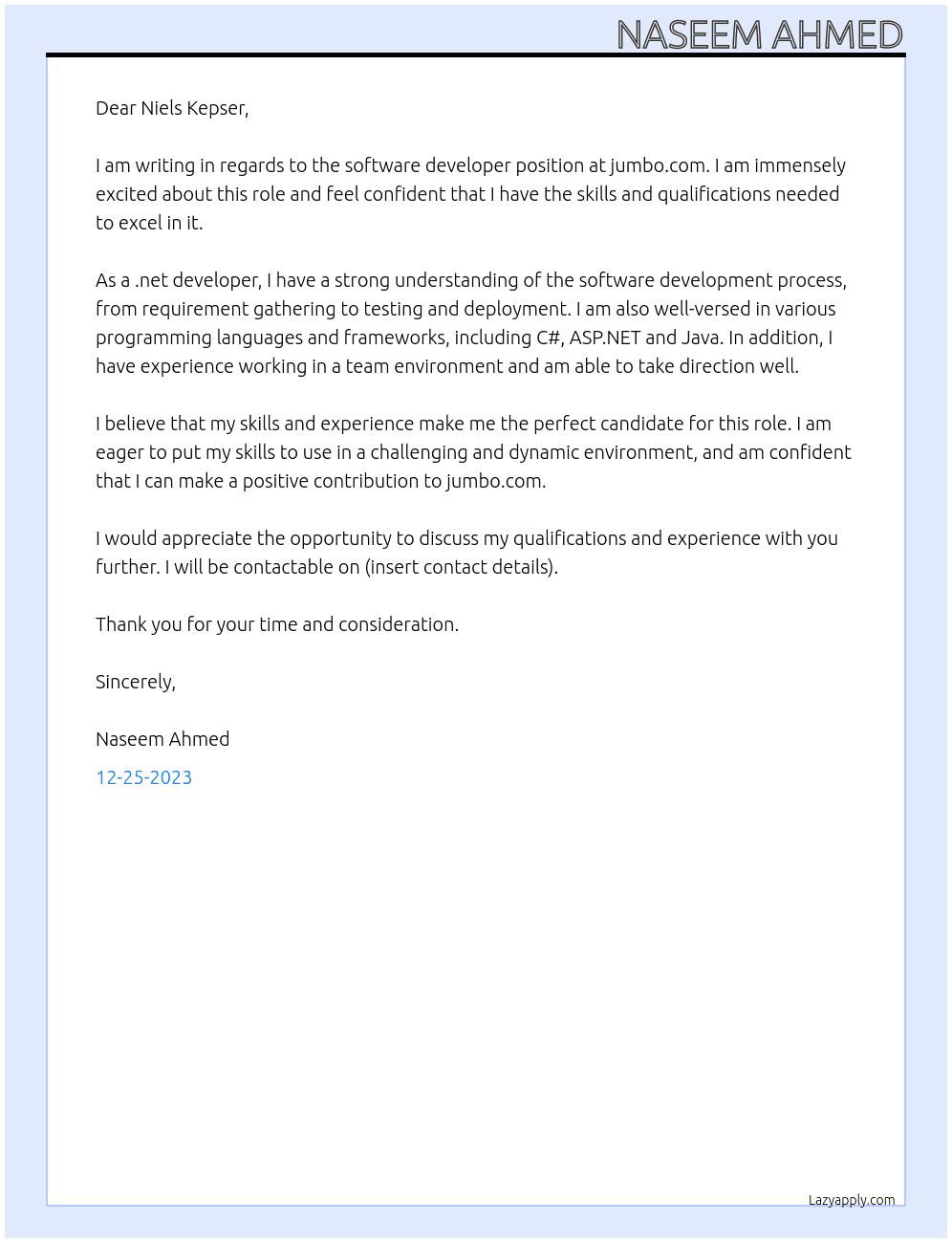 Software Dveloper At jumbo.com Cover Letter