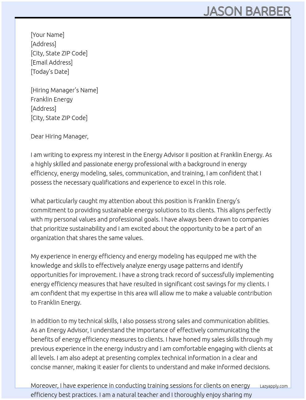 Energy Advisor II At Franklin Energy Cover Letter