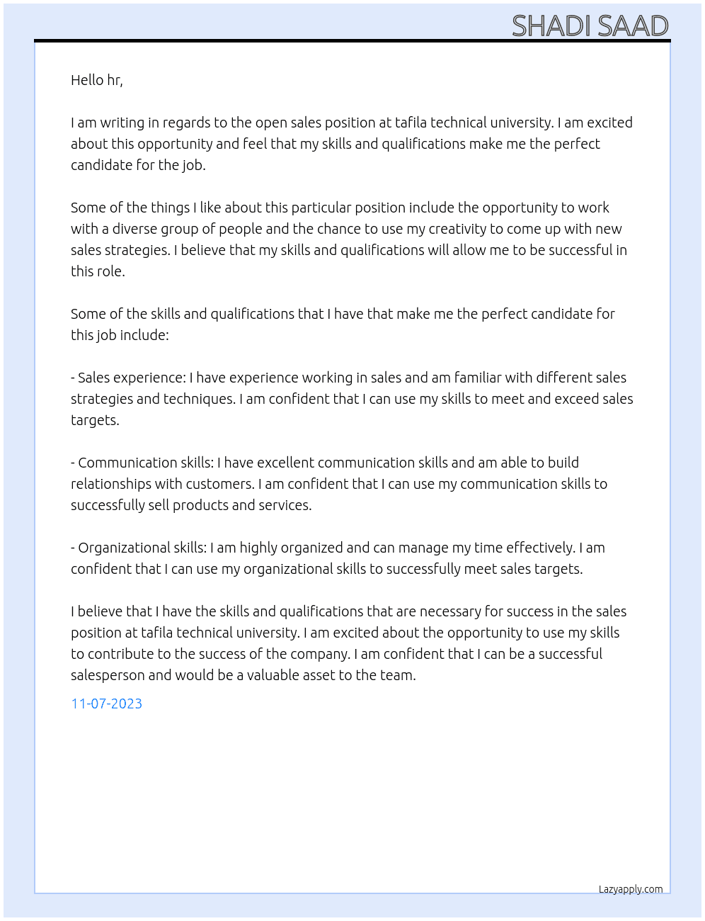 sales At tafila technical university Cover Letter