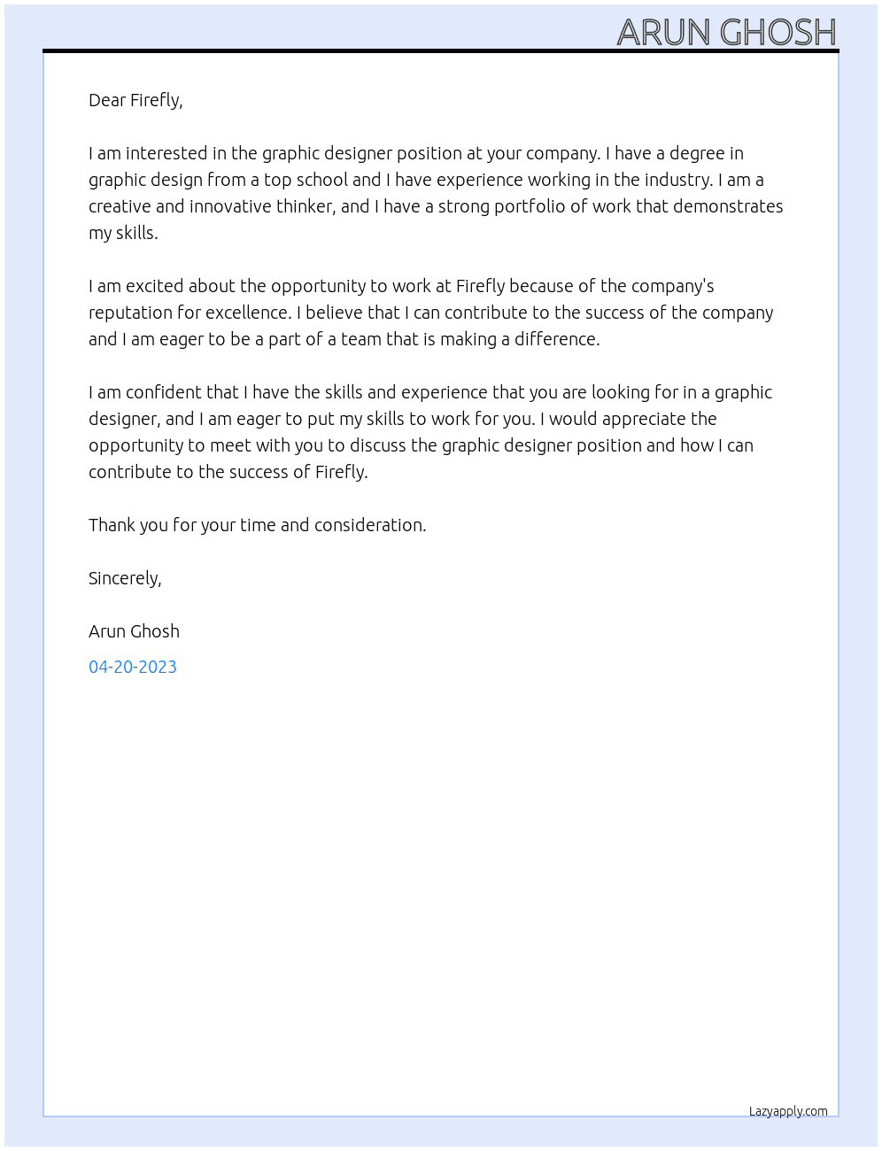 Graphic designer At Firefly Cover Letter