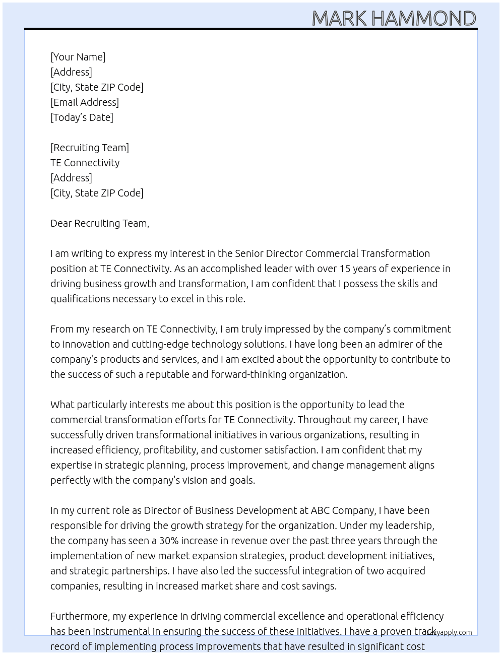 Senior Director Commercial Transformation  At TE Connectivity Cover Letter