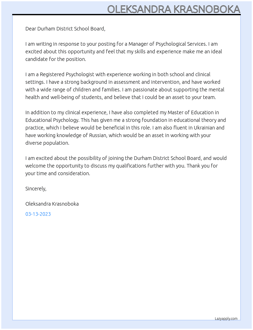 MANAGER OF PSYCHOLOGICAL SERVICES At Durham District School Board Cover Letter