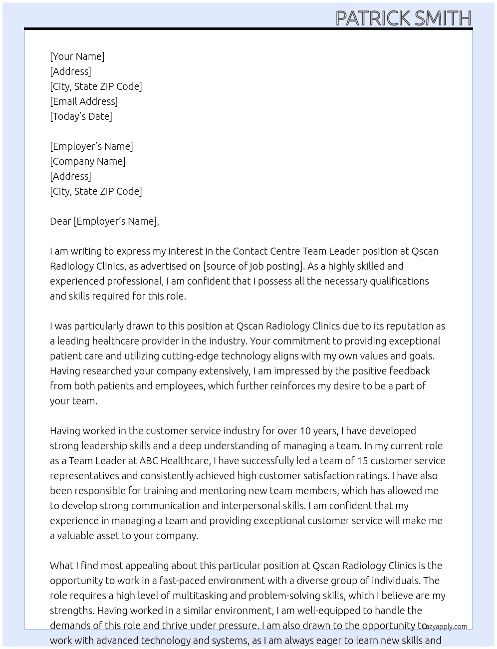 Contact Centre Team Leader At Qscan Radiology Clinics Cover Letter