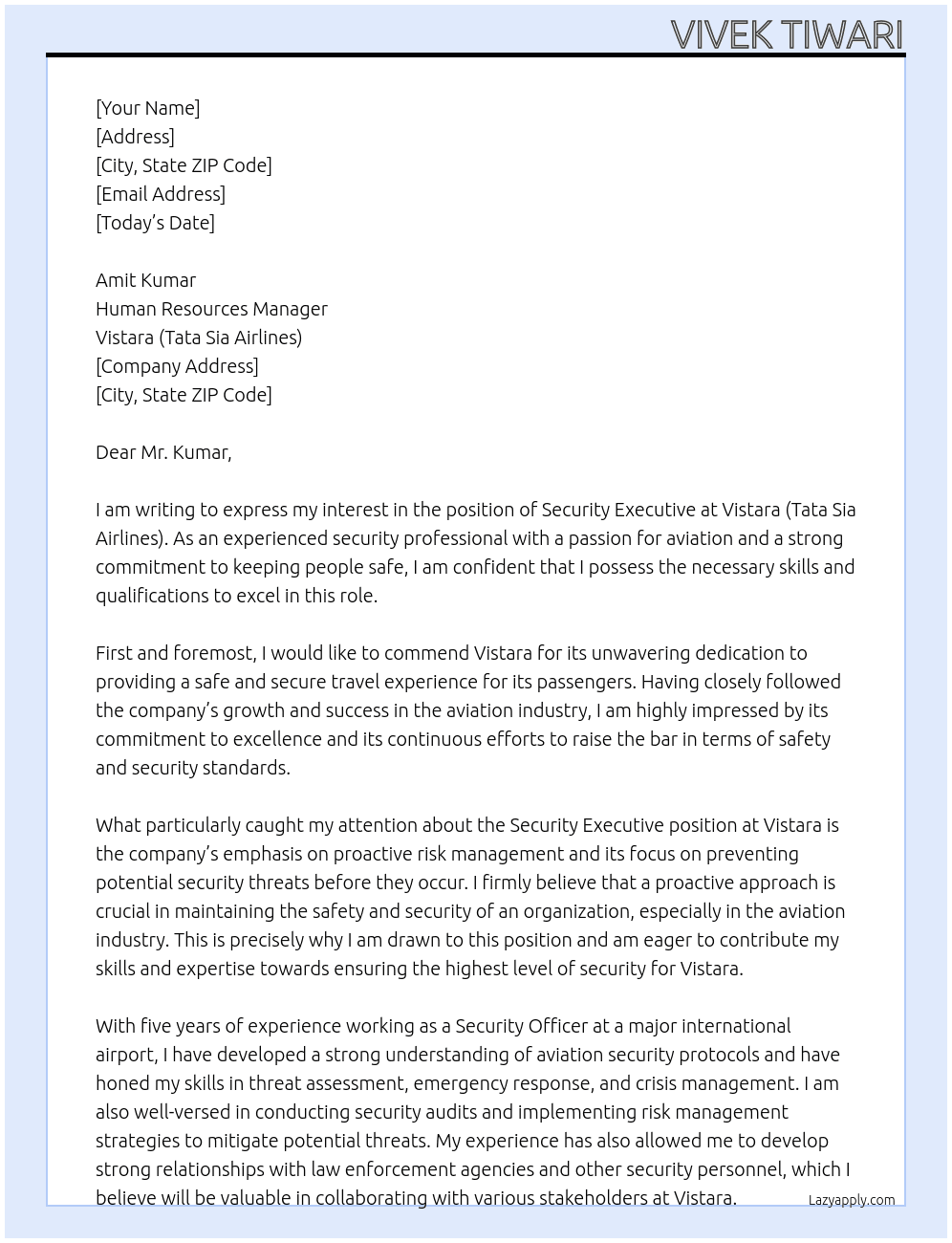 Security Executive At Vistara (Tata Sia Airlines)  Cover Letter