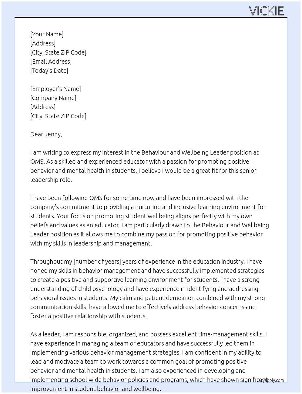 Behaviour and Wellbeing leader At OMS Cover Letter