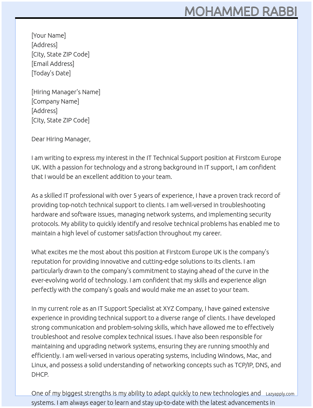 IT Technical Support At Firstcom Europe UK Cover Letter