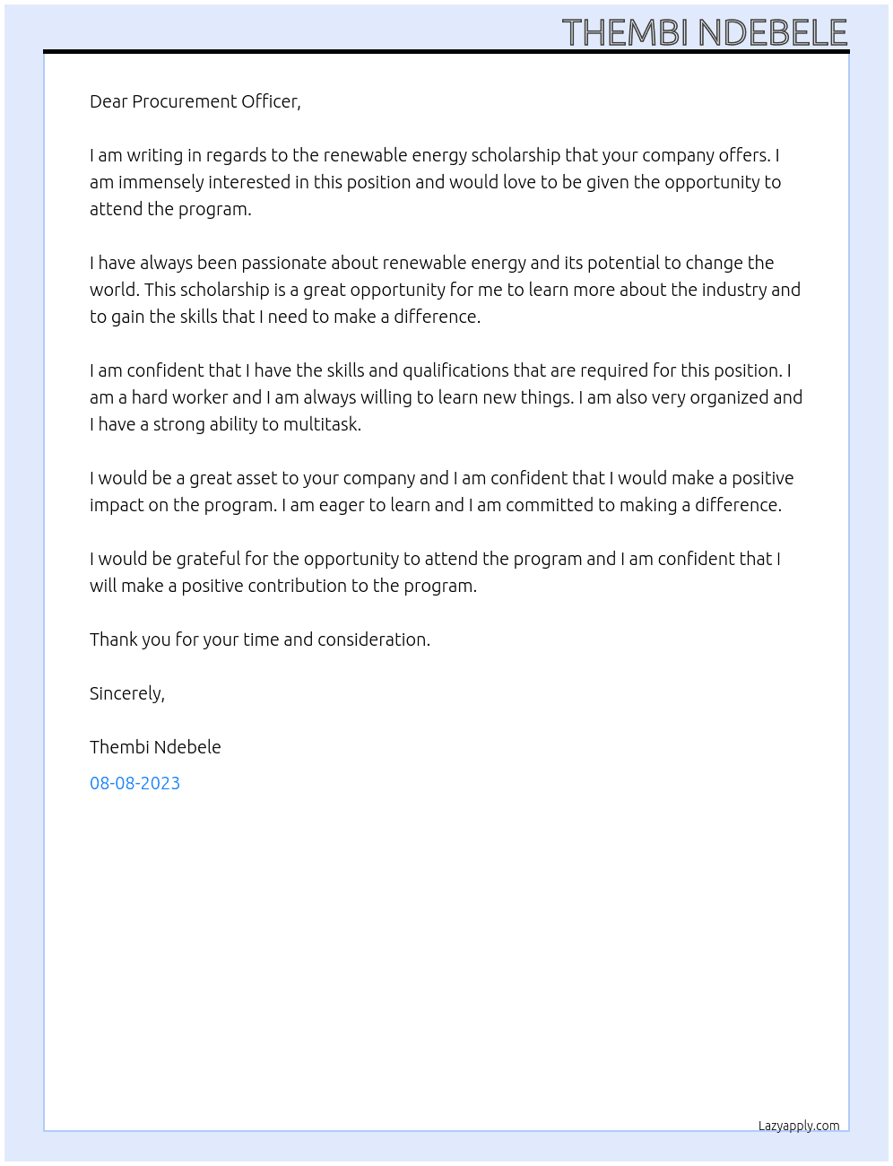 Renewable energy scholarship  At LREEAP Cover Letter