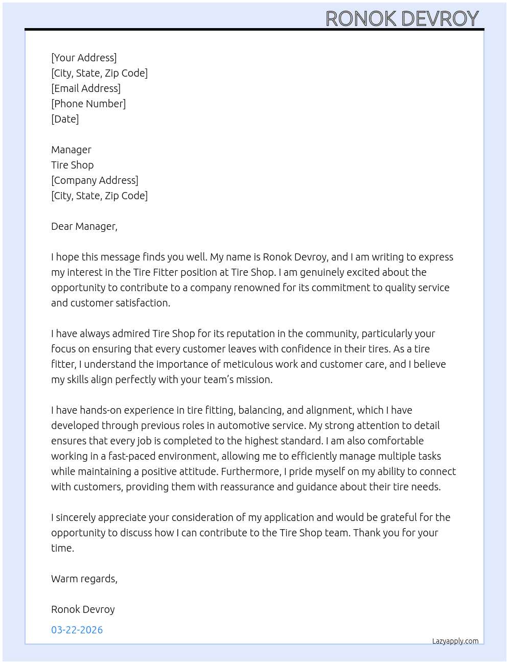 Tire fitter  At Tire shop Cover Letter