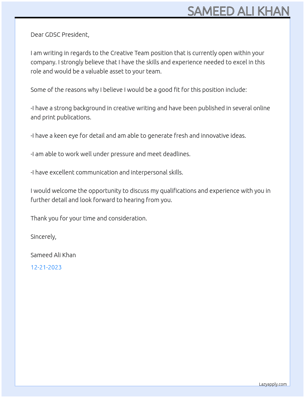 creative team At gdsc Cover Letter