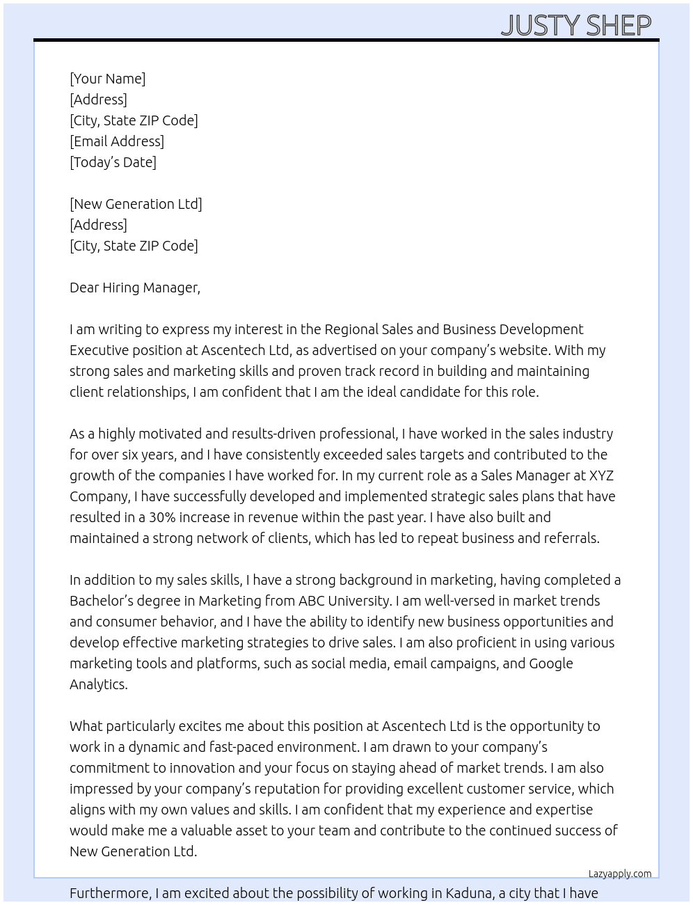 Regional Sales and Business Development Executive  At Ascentech Ltd  Cover Letter
