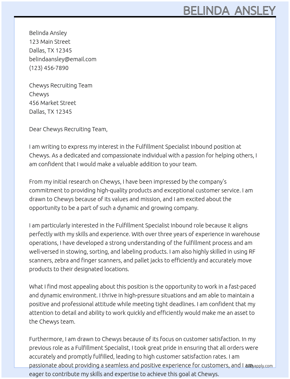 Fulfillment specialist inbound At Chewys Cover Letter