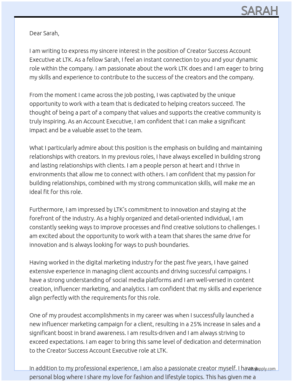 Creator Success Account Executive  At LTK Cover Letter