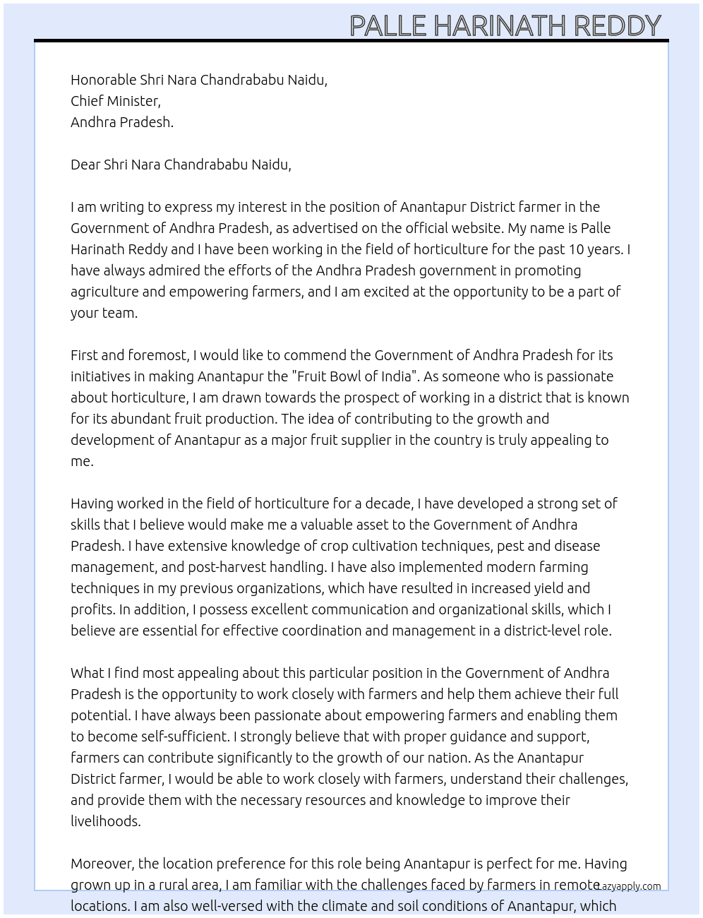 Anantapur District farmer  At Government of Andhra pradesh  Cover Letter